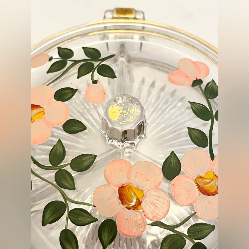 Duncan Miller Glass Hand Painted Lidded Vanity Dish, Pre-1950 Vintage EUC